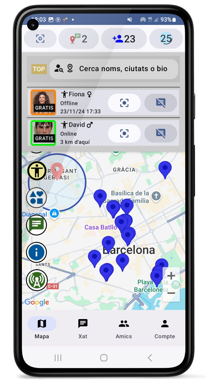 Mapa i menú superior amb usuaris propers